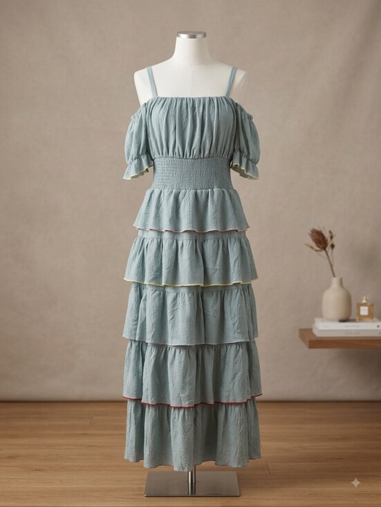 Aqua Dresses & Skirts - Aqua Tiered Off-Shoulder Maxi Dress, Sage With Multi Color Hem Thread,  Size Med
